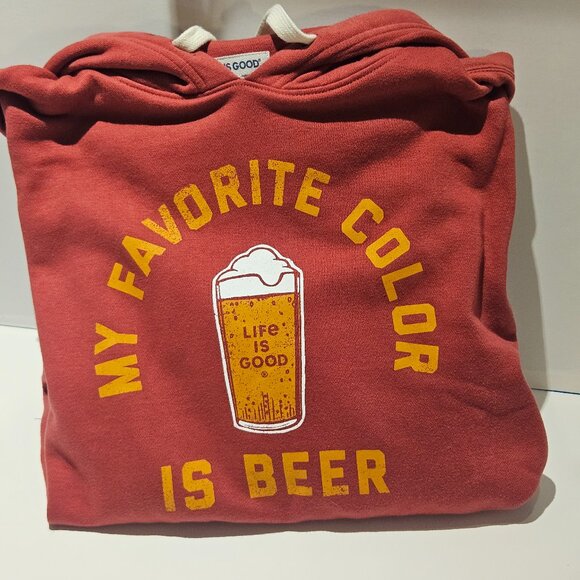 Life Is Good Mens Hoodie Sz M "My Favorite Color Is Beer" Rustic Red Sweatshirt - Picture 1 of 11